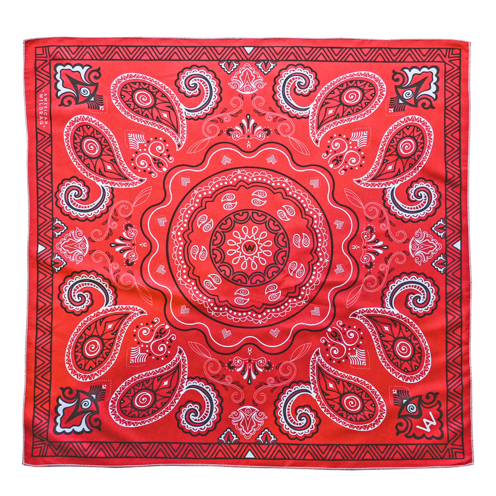 Big and soft classic American bandana in the color red. 26 inches x 26 inches, hand sanded fabric, UV resistant, moisture wicking, quick drying. American Wildrag - the world's best bandanas.