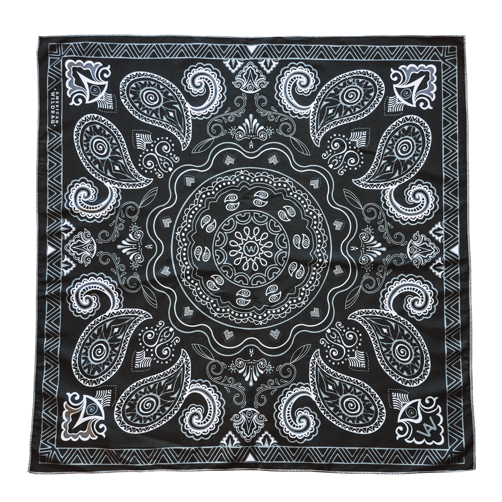 Big and soft classic American bandana in the color black. 26 inches x 26 inches, hand sanded fabric, UV resistant, moisture wicking, quick drying.American Wildrag - the world's best bandanas. 